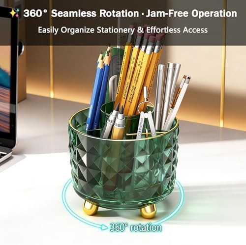 Dark Green Pen Pencil Holder for Desk, 360° Rotating Pen Organizer, Green Office