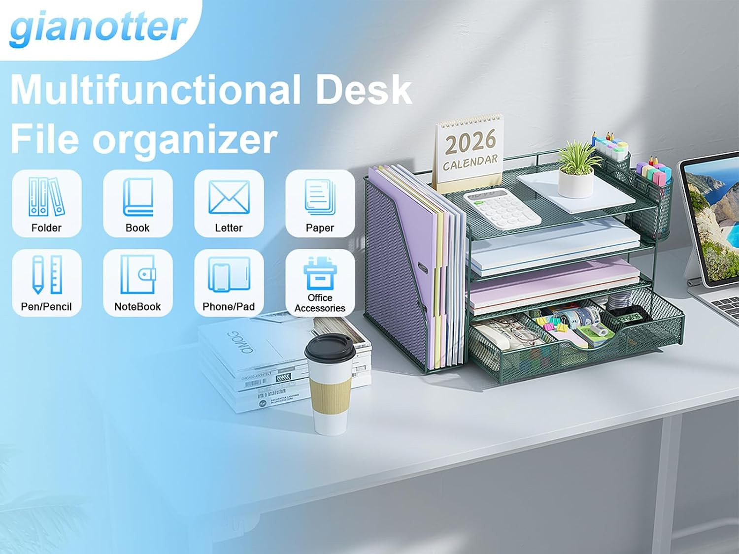 Gianotter 4-Tier Desk Organizer with Drawers, File Holders, Letter Trays and Pen