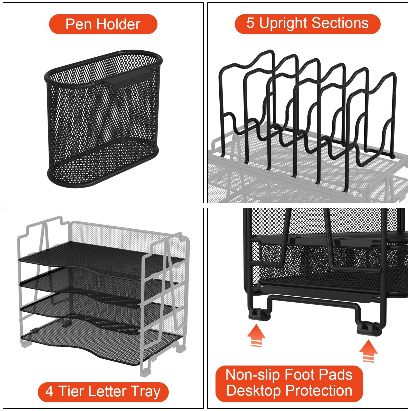 Mesh Desk Organizer 3-IN-1 Desktop with 4 Tier Tray and 5 Upright Sections File