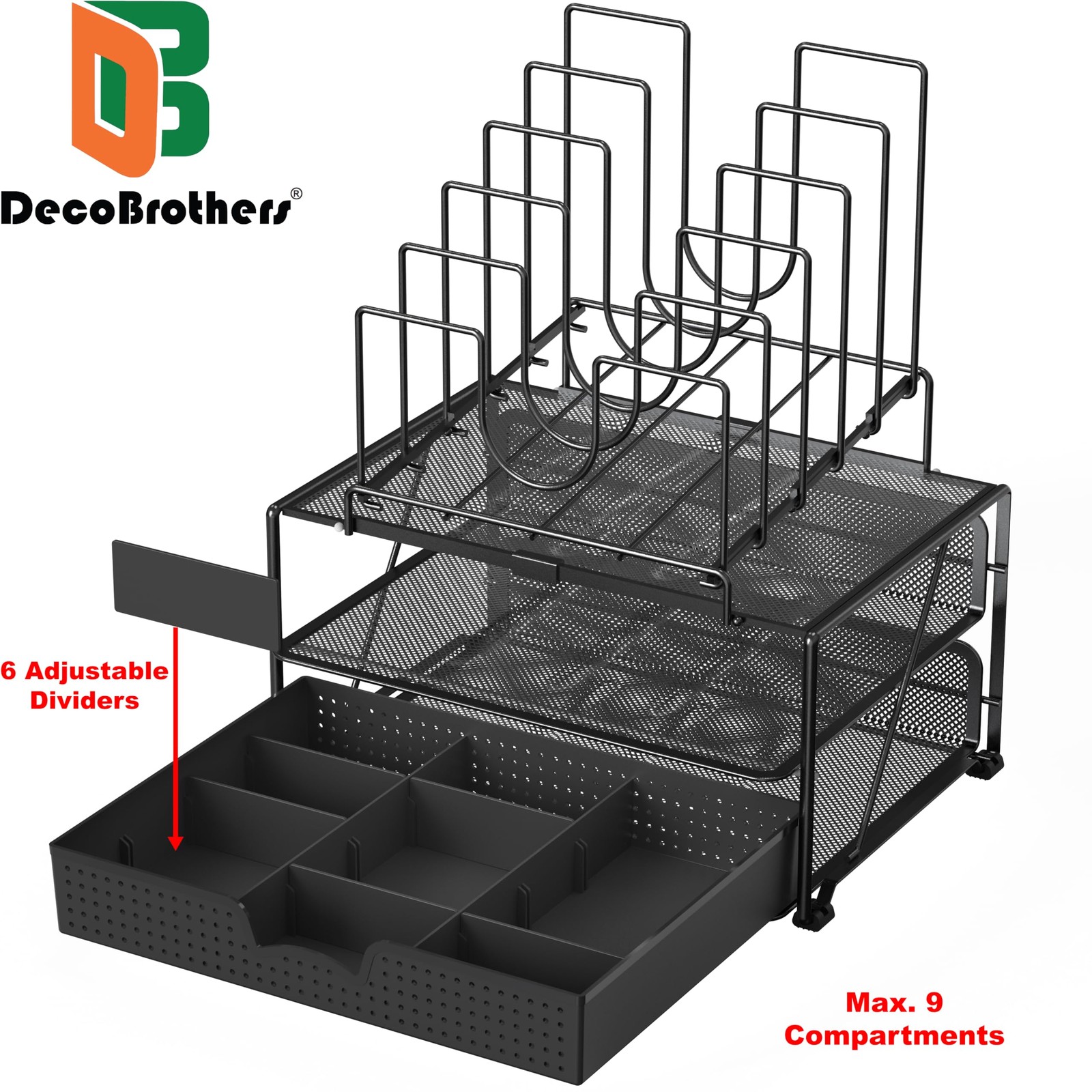Deco Brothers Desktop File Organizer with Double Tray and 5 Folder Stand, Black