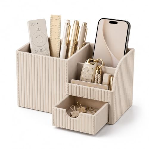 PU Leather Desk Organizer with Drawer Pen Holder Multi-Compartment Office