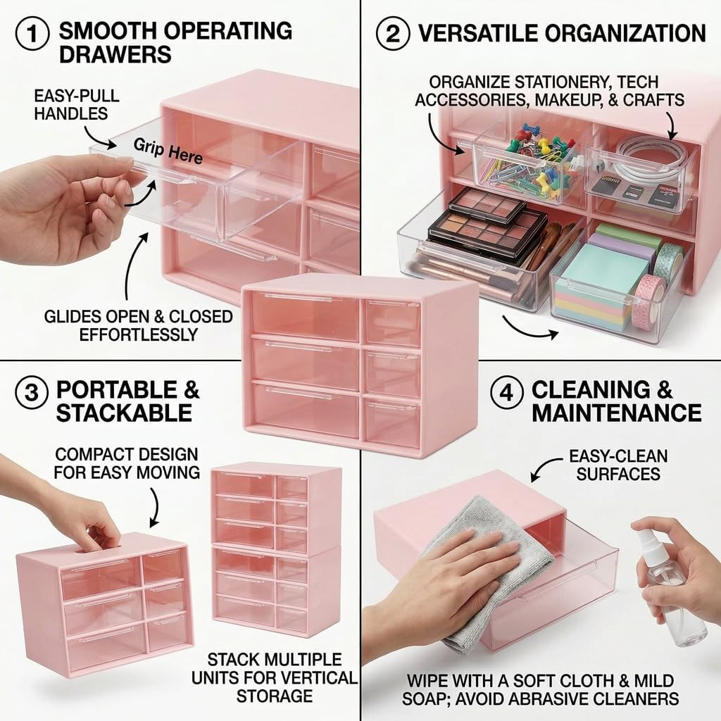 Small Drawer Organizer for Desk with 6 Clear Drawers, Mini Desktop Storage Box P