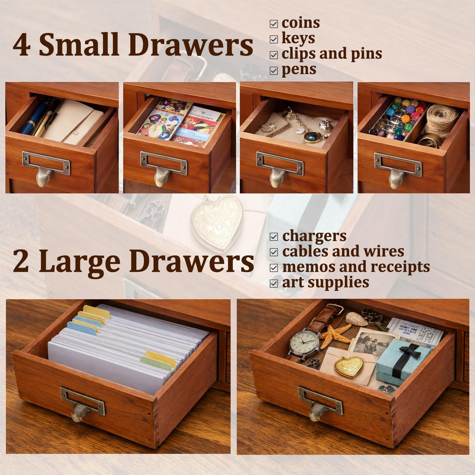 6 Drawer Vintage Apothecary Desk Organizer, Wooden Card Catalog Storage Brown