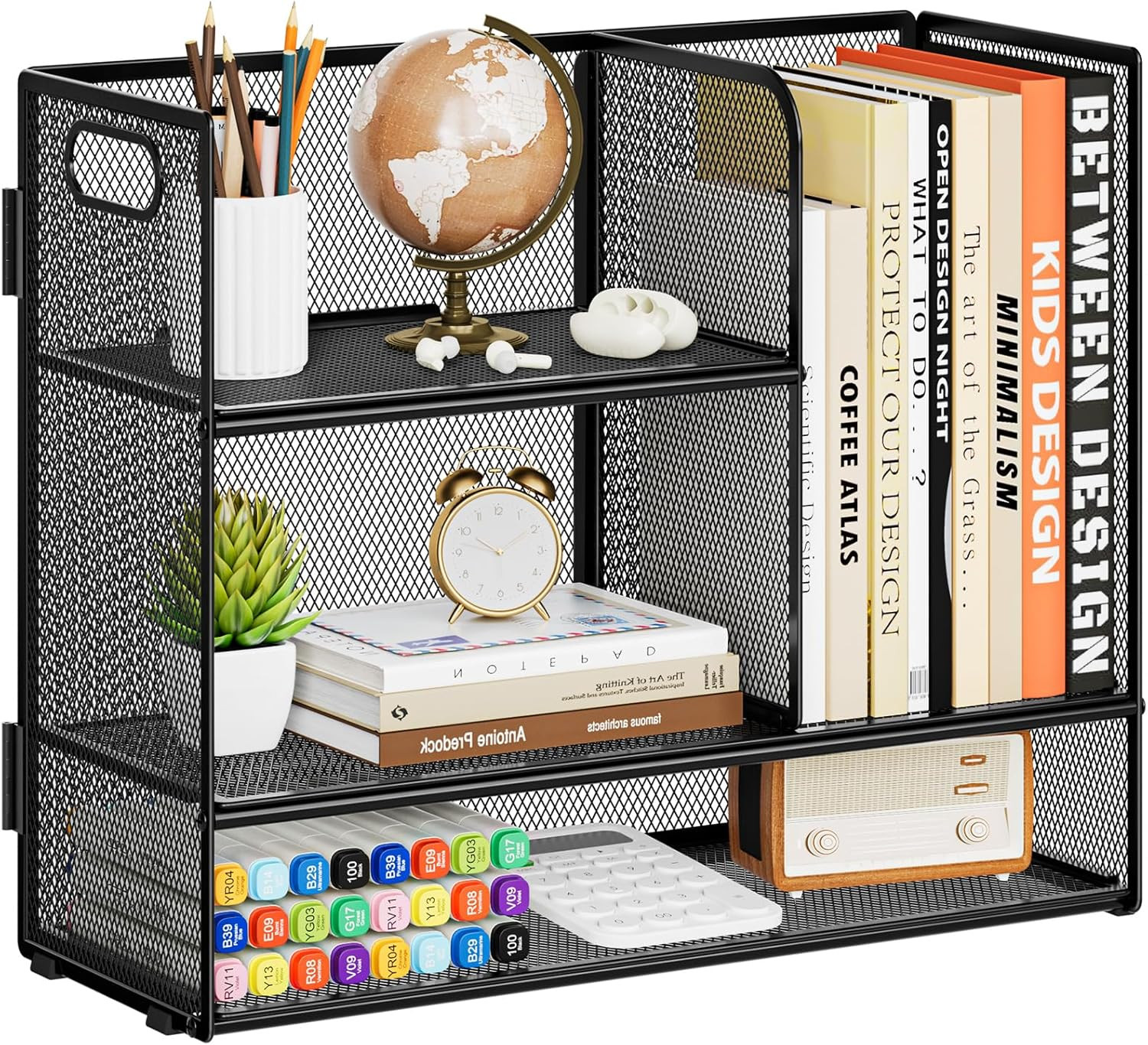 3-Tier Desk Shelf Organizer with Handle, Desktop Bookshelf File Holder, Mesh Dis