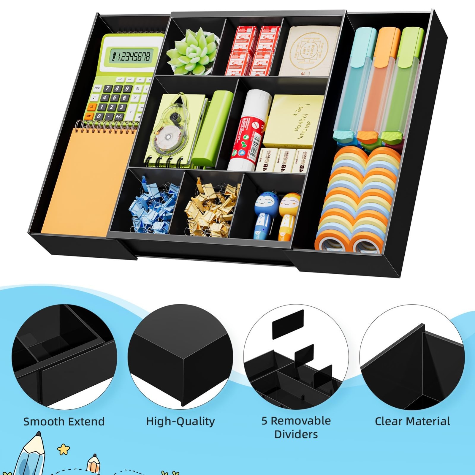 Expandable Desk Drawer Organizer – Clear Plastic Tray with 10 Adjustable Compart