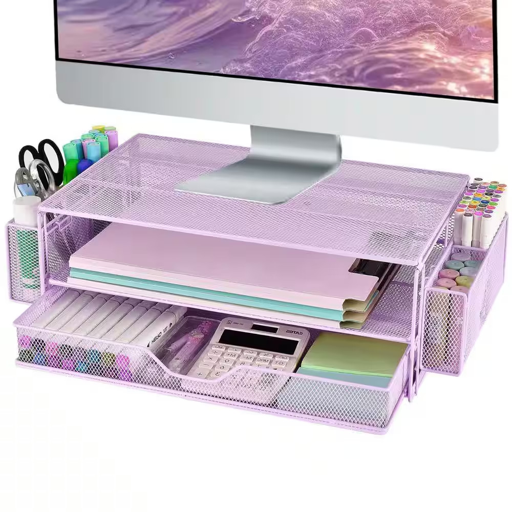 Purple 15.7 In. X 5 In. Metal Modern Desk Organizer Stand with Drawer and 2 Pen