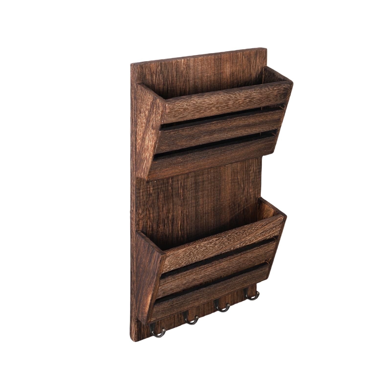 “Mail Organizer Wall Mount with Key Hooks, Rustic Brown Wood Holder”