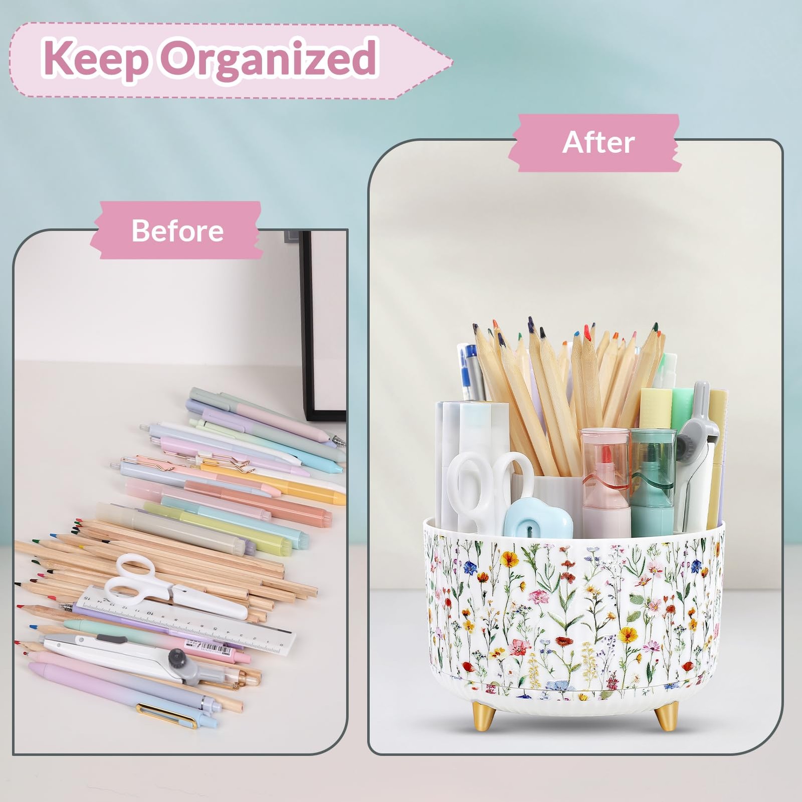 360 Degree Rotating Desk Organizer, Dual-Purpose Pencil Pen Holder for Deskto…