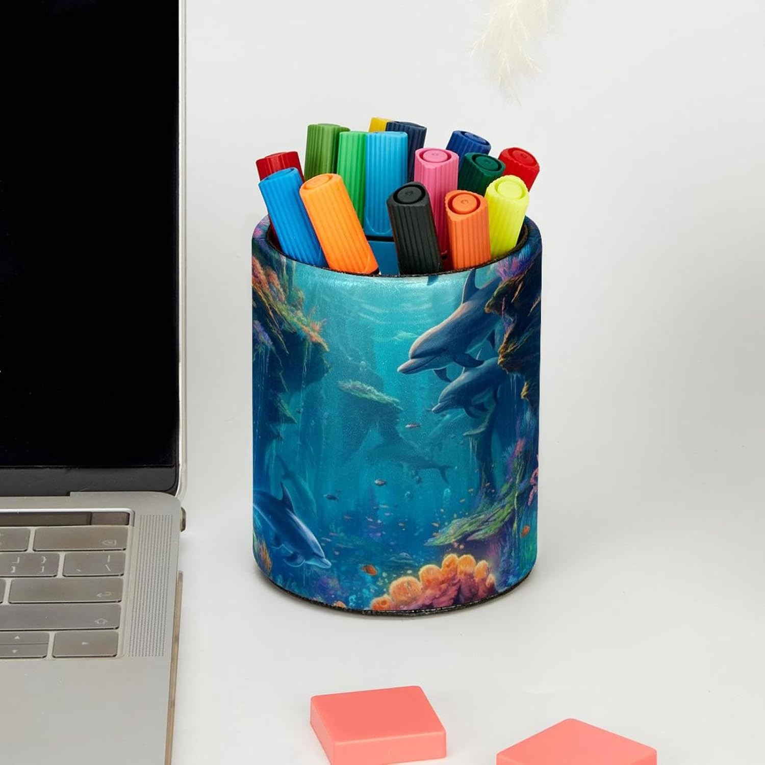 Decorative Pen Holder Stand, PU Leather Waterproof Pencil Marker Makeup Brush…