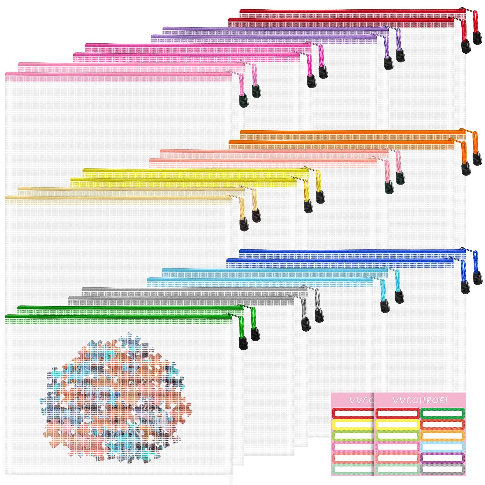 24 PCS Clear Zipper Pouches A4 Bag 12 Colors Letter Size Organizer Toy Mesh