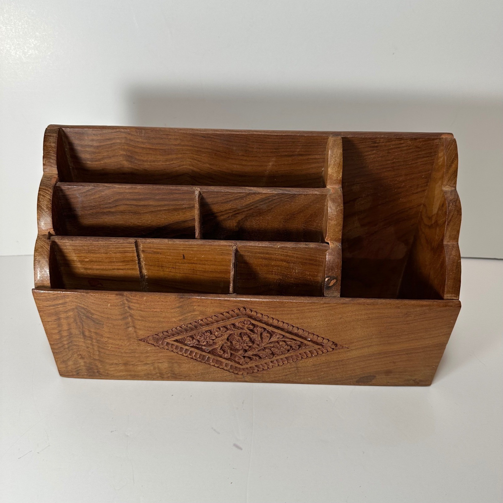 Vintage Hand Carved Wooden Desk Organizer Floral Boho Tiered Mail Stationery