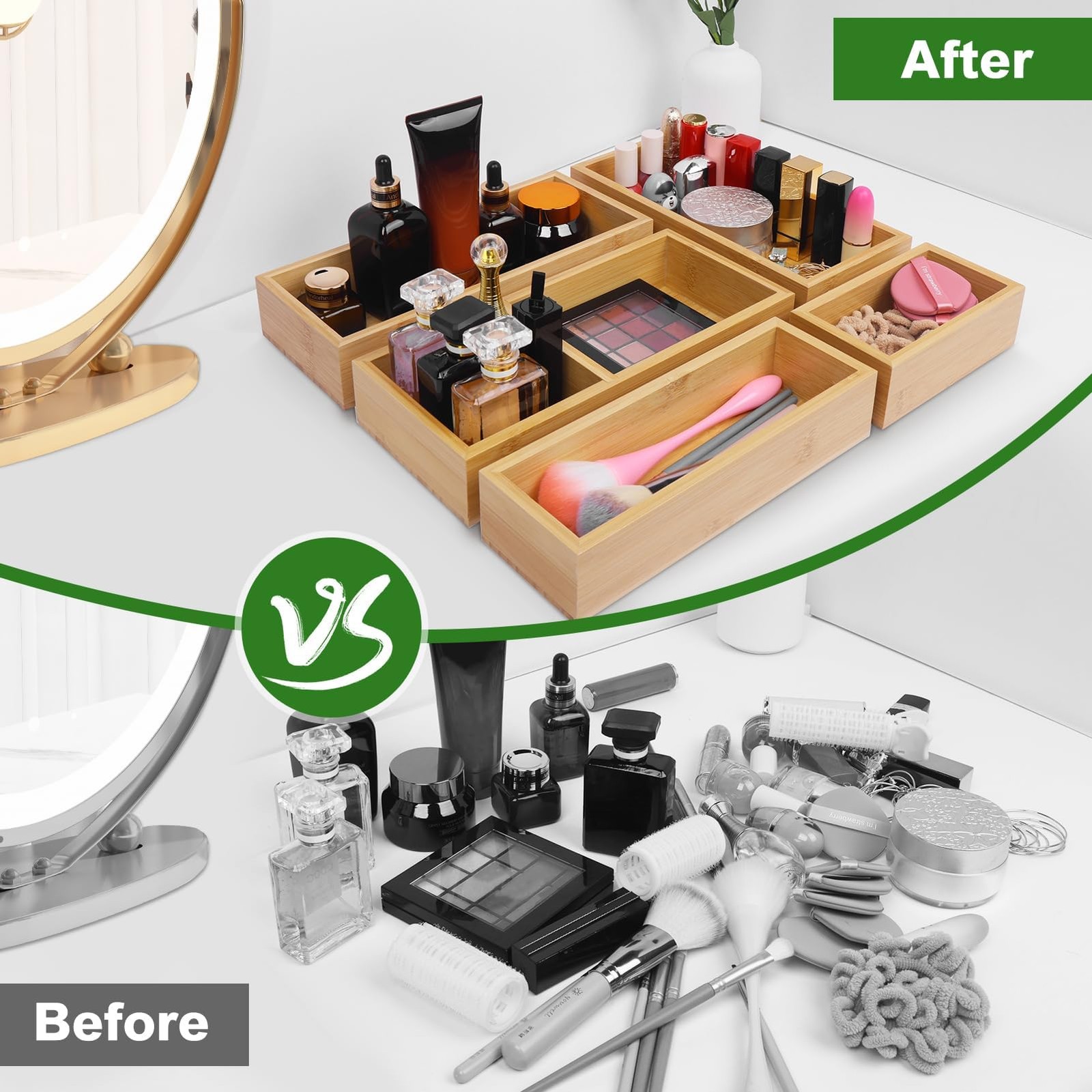 Bamboo Drawer Organizer Set, 5 PCS Multi-Use Individual 5, Natural