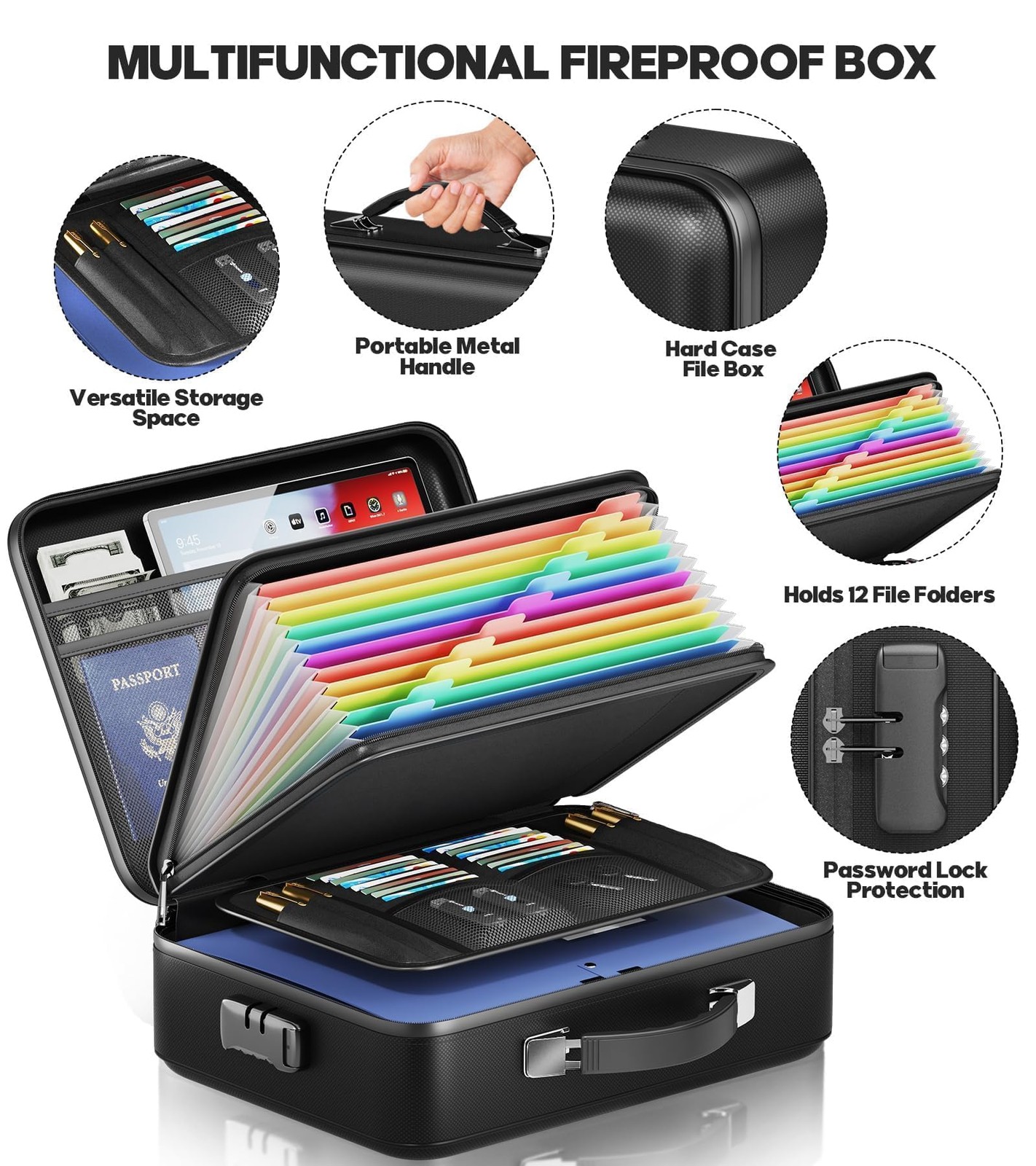 BigPonPon Fireproof Document Box, Hard Case 15″*11″*5.3″(colorful), Black