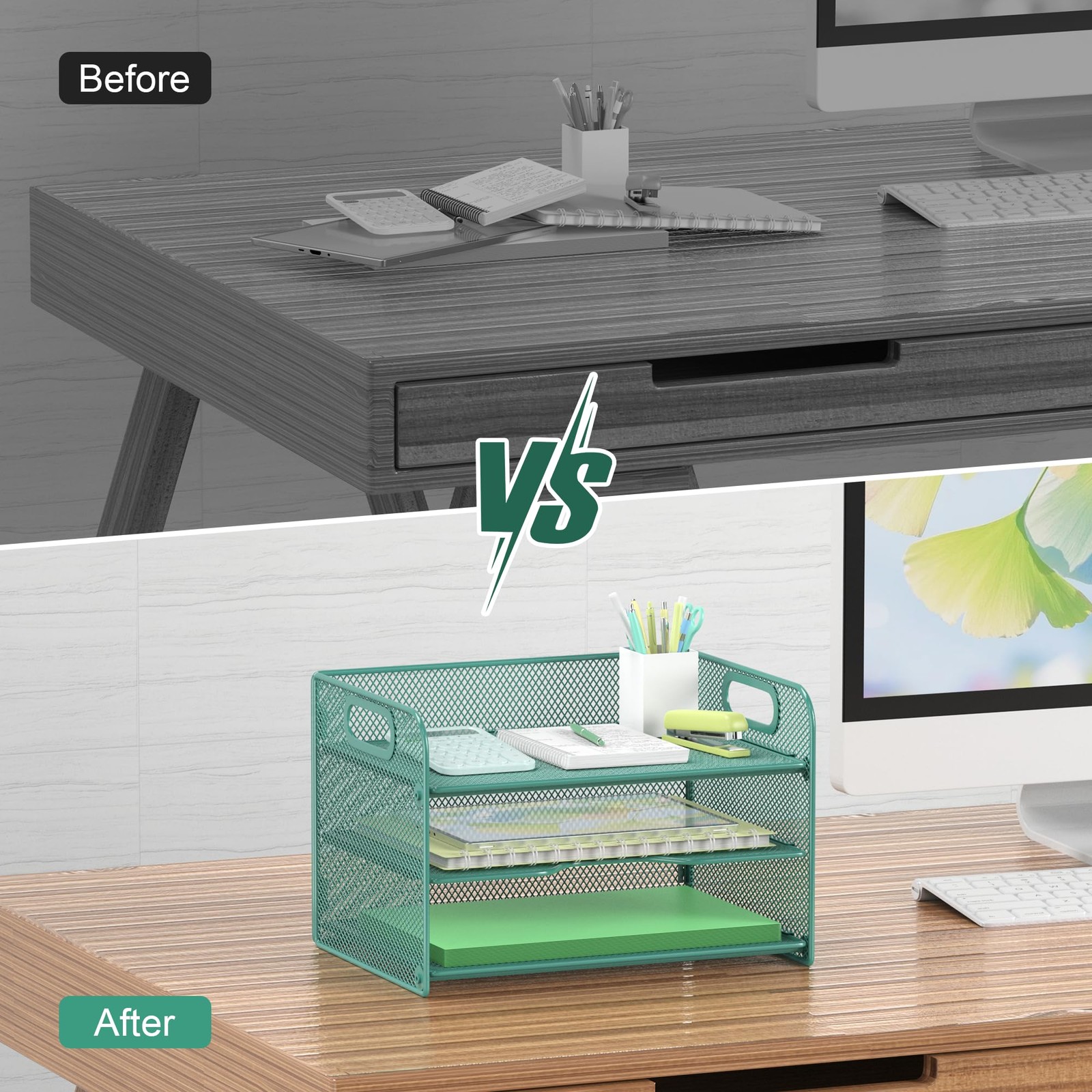 Green 3~Tier Mesh Desk Organizer Letter Tray with Handle