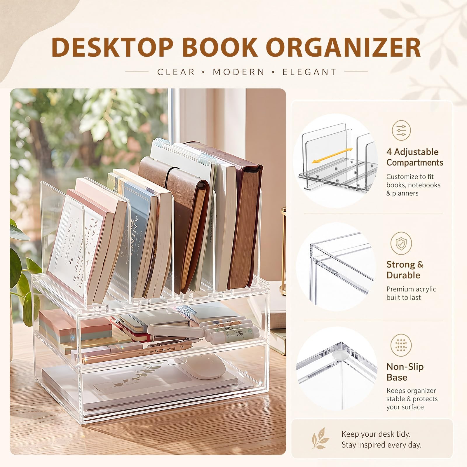 Acrylic Desk Organizer with 2 Drawers, Vertical File Holder with 5 Detachable…