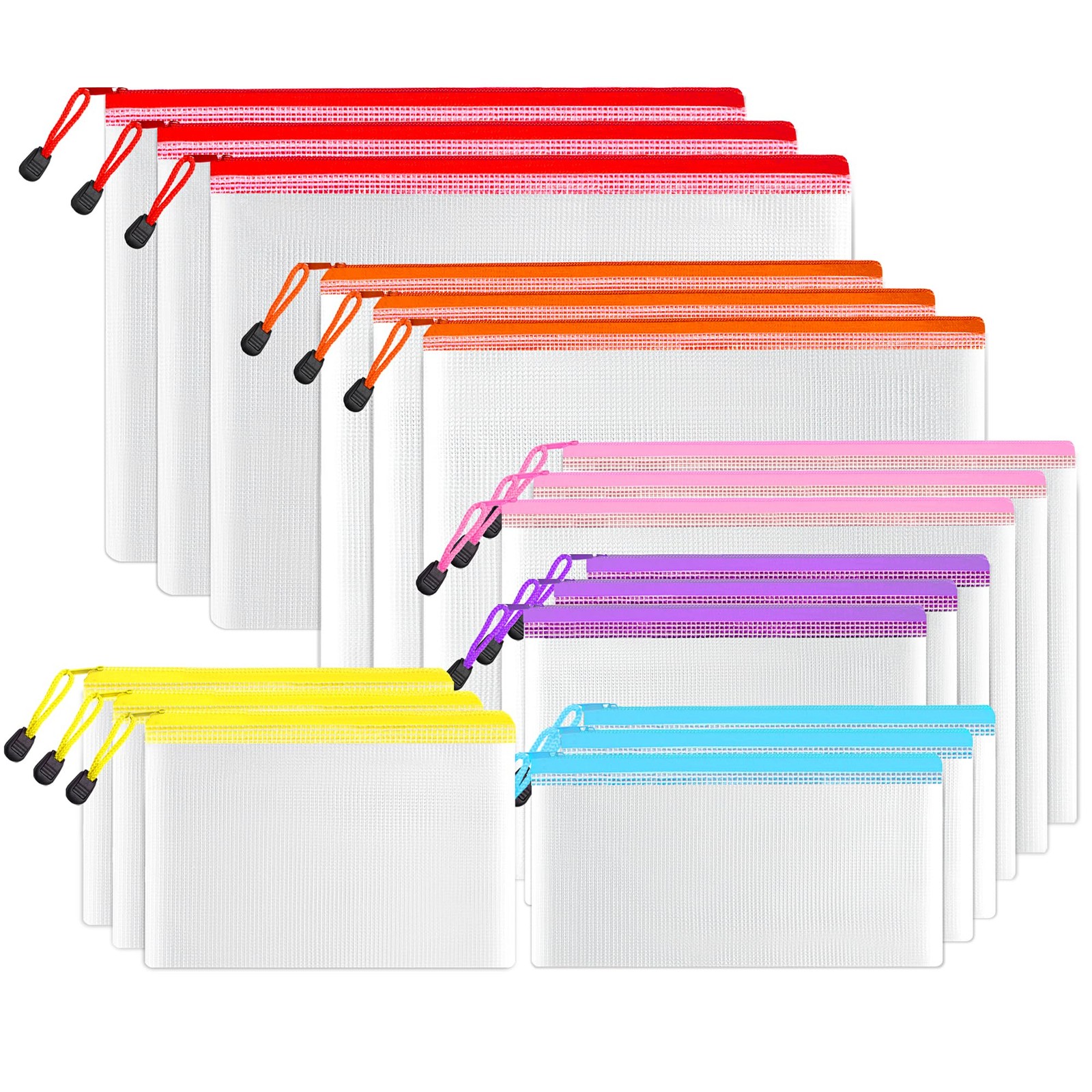18 Pack Multisize Plastic Zipper Pouches 6 Colors, Water Resistant Bag School