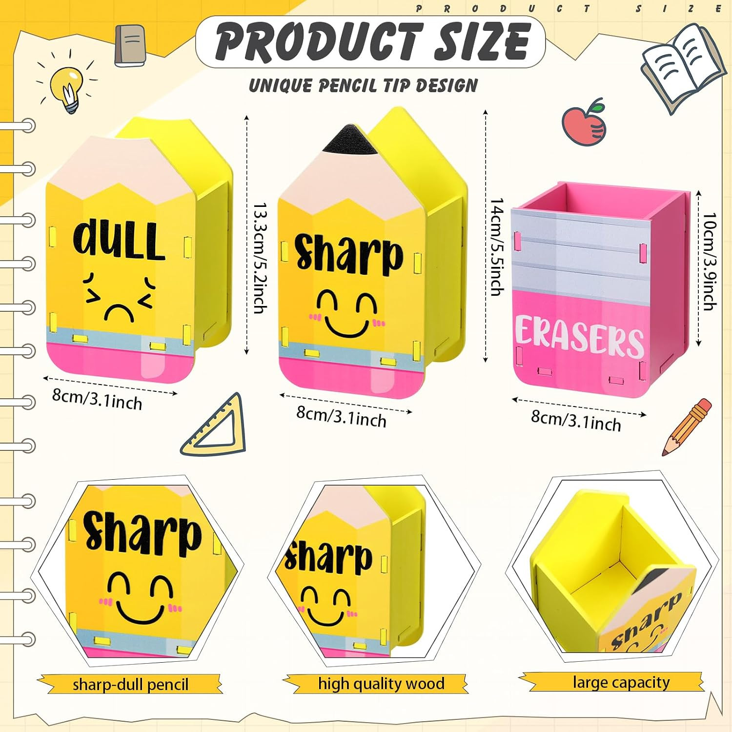 3 Pcs Sharp and Dull Pencil Holder Eraser Buckets Wooden Shaped Dispenser for Ba