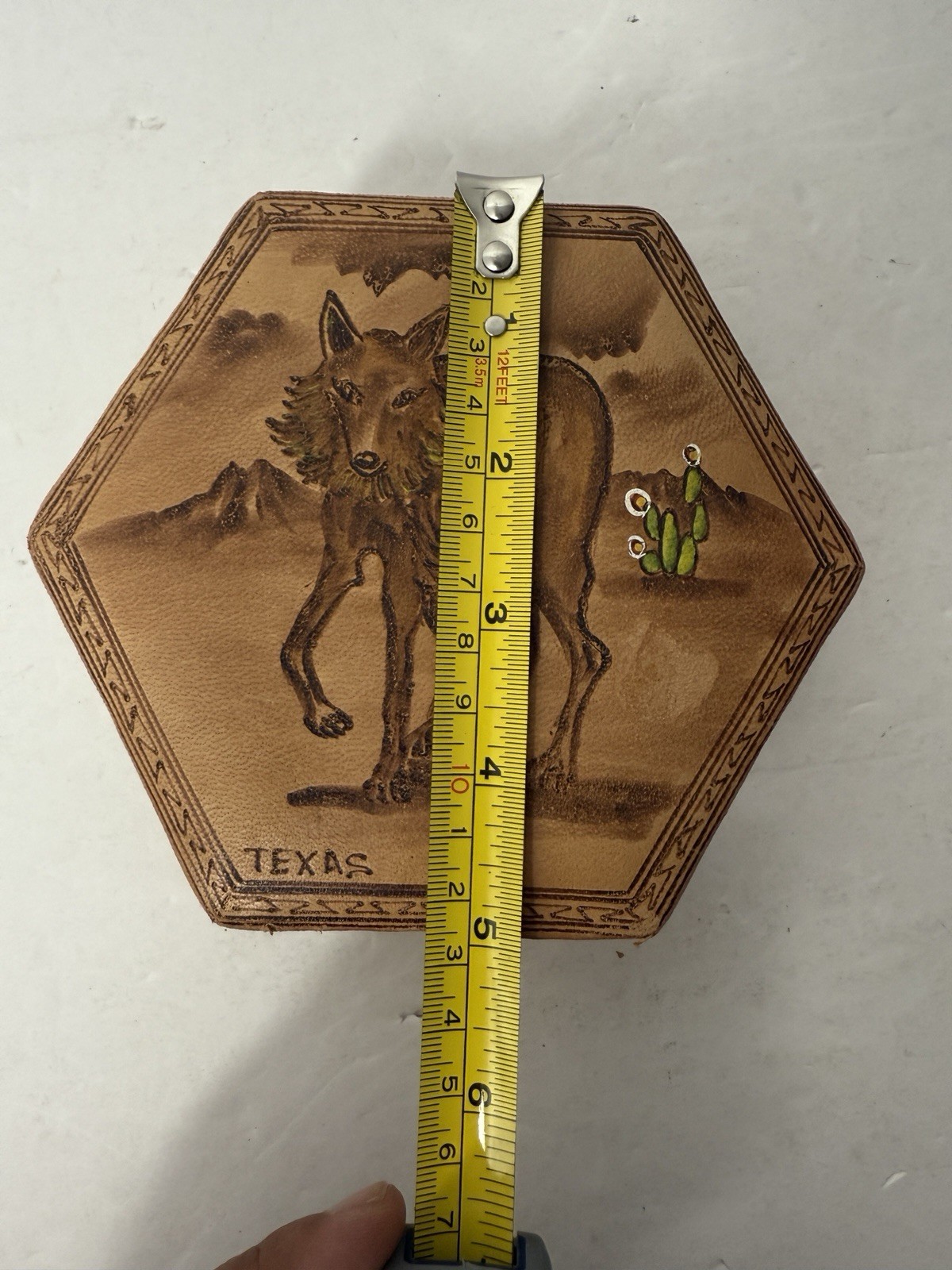 Vintage Faux Leather Hexagon Storage Jewelry Box Red Felt Texas Coyote Handmade