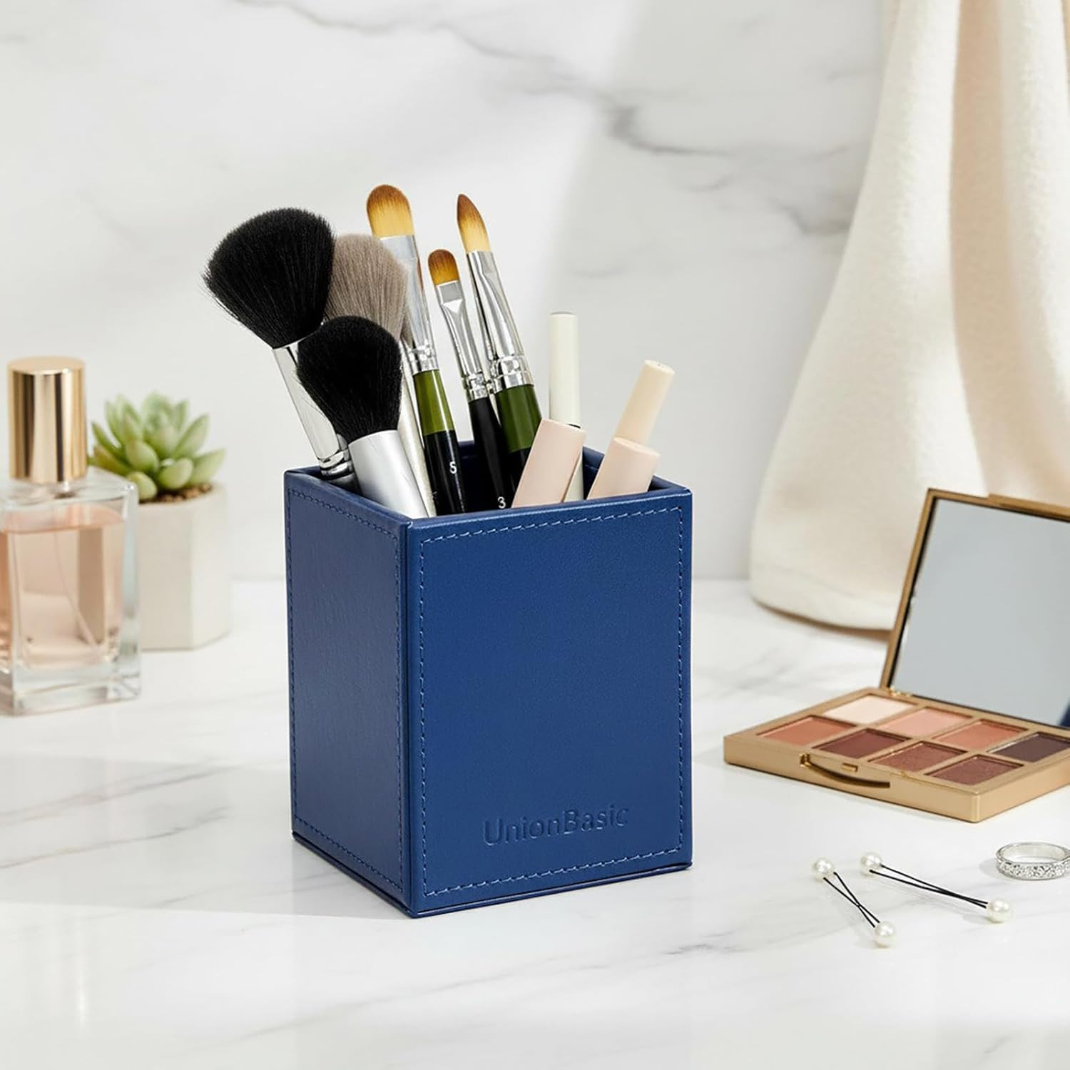 Square Pen Holder, Leather Pencil Cup, Desktop Caddy Stationery Organizer, True