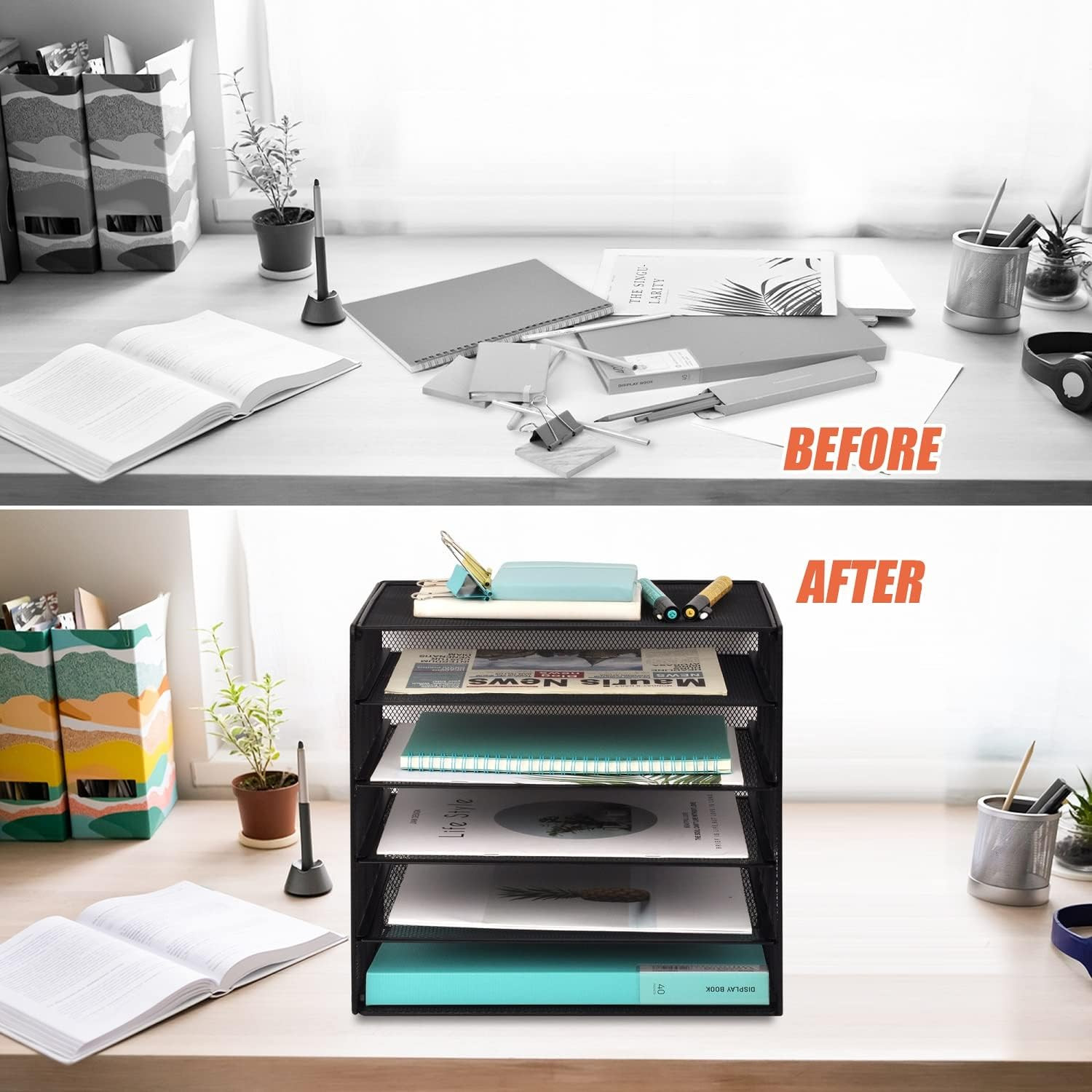 5 Slot Mesh Desk Organizer Tray, File Paper Letter Folder Holder Desktop Paper S