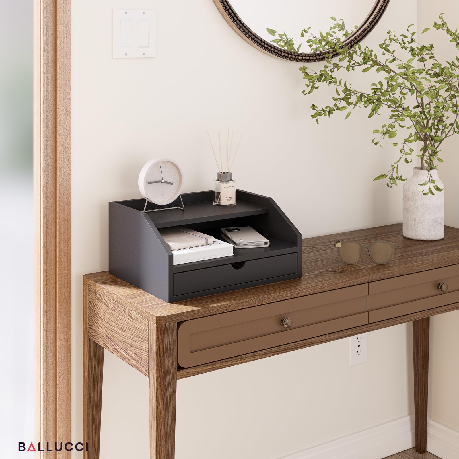 Ballucci Desk Organizer with Drawer, 3 Tier Paper, Office Supplies and File Orga
