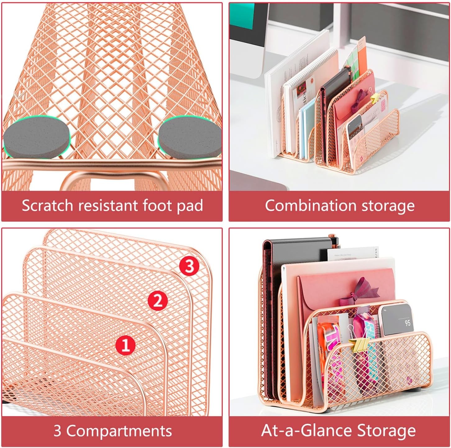 Mail Organizer Countertop, Metal File Holder with 3-Slot, Rose Gold Desk