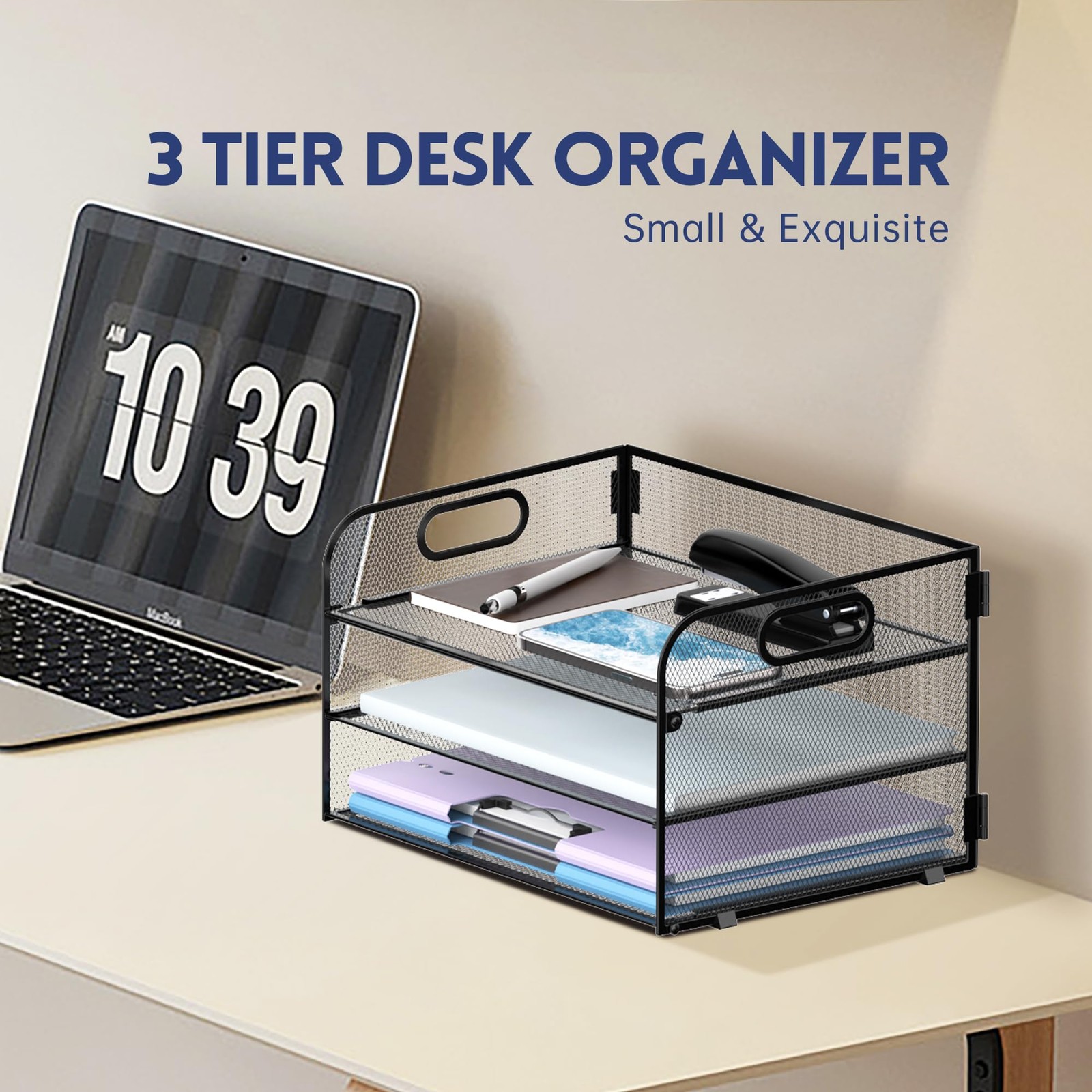 Supeasy 3 Tier Paper Organizer with Handle, Mesh Desk 3 Tier, Black