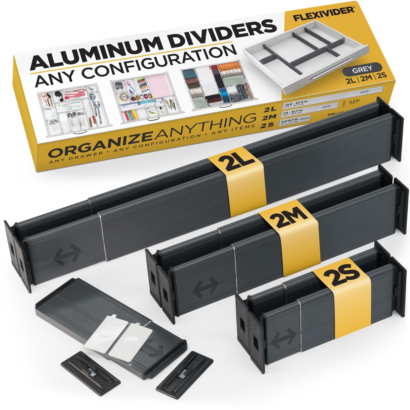 Custom Drawer Organizer 6 Adjustable Aluminum Dividers, Gray – For Kitchen, B…