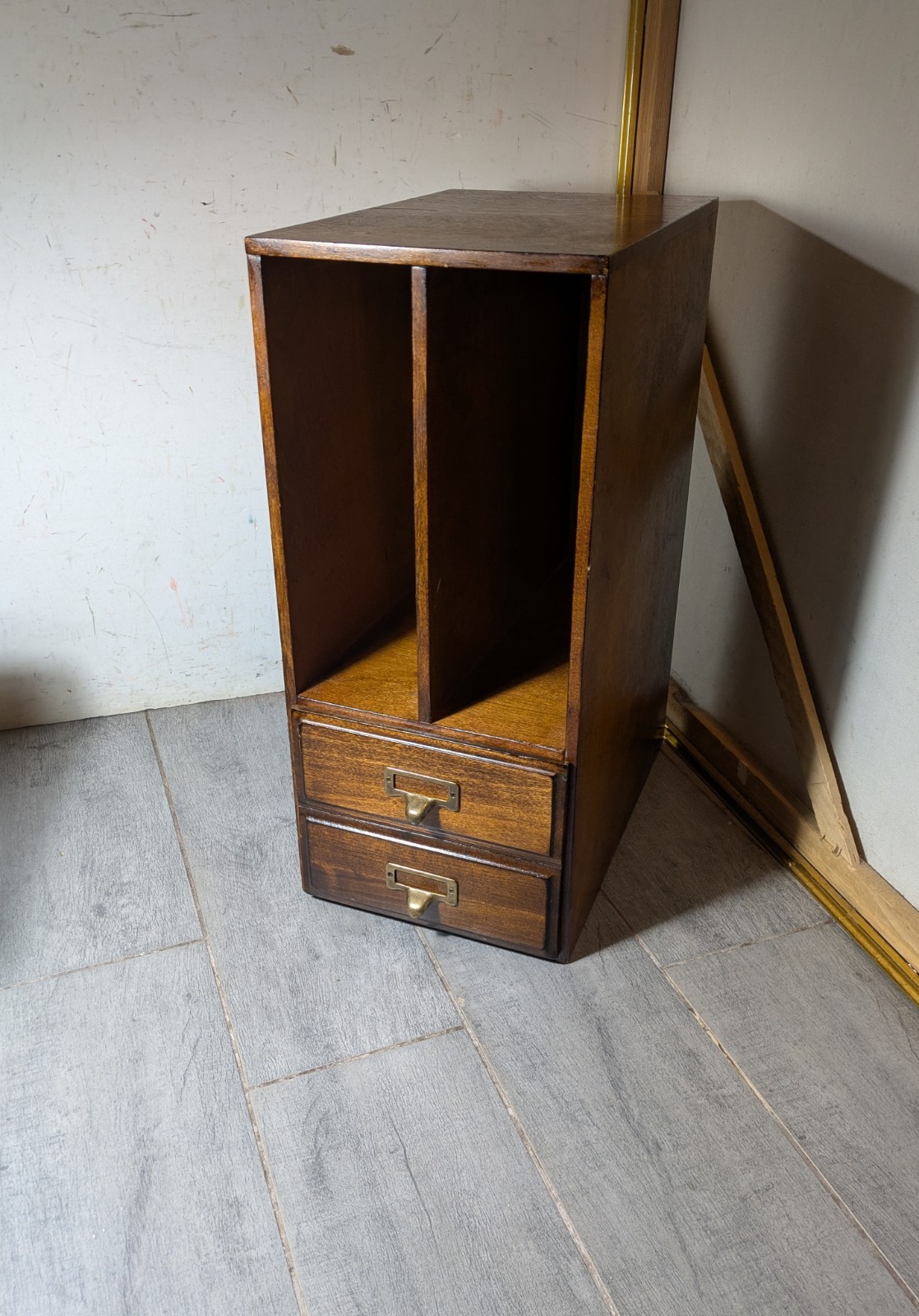 Vintage Wood Desktop Library Organizer Index Card Letter File Box Cabinet Drawer