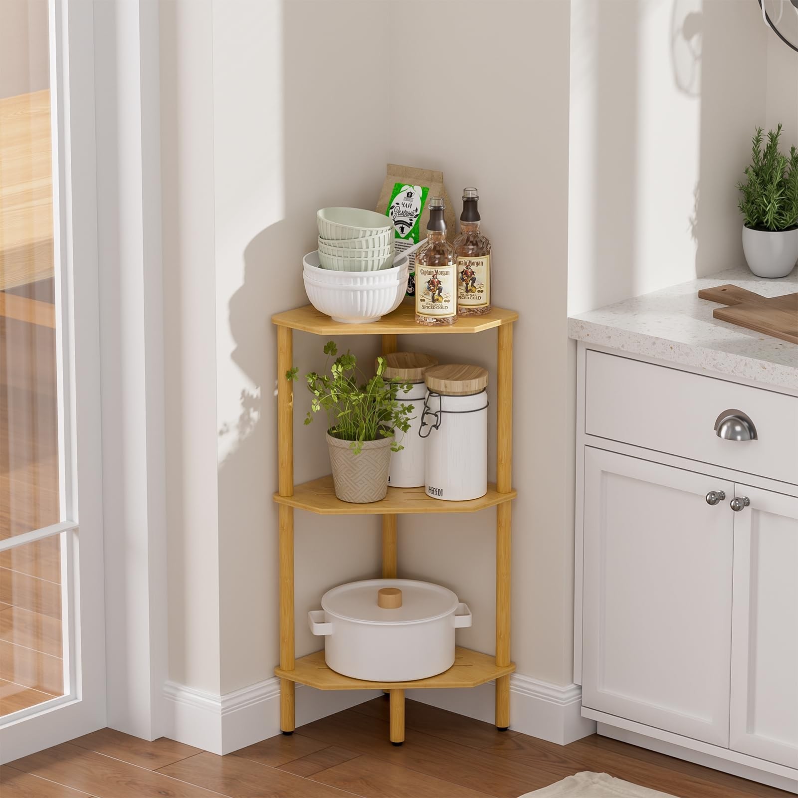 3 Tier Bamboo Corner Shelf, Storage Stand with Adjustable Feet, Small Space C…