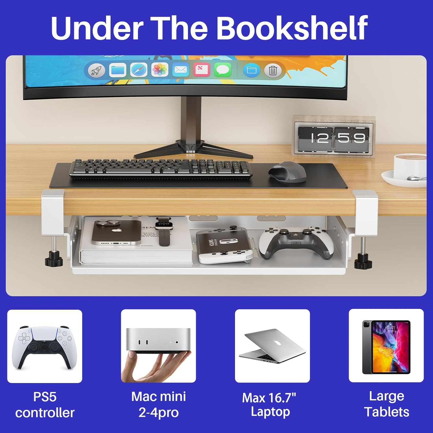 No Drill under Desk Storage Shelf, Metal under Desk Drawer Organizer with Clamp,