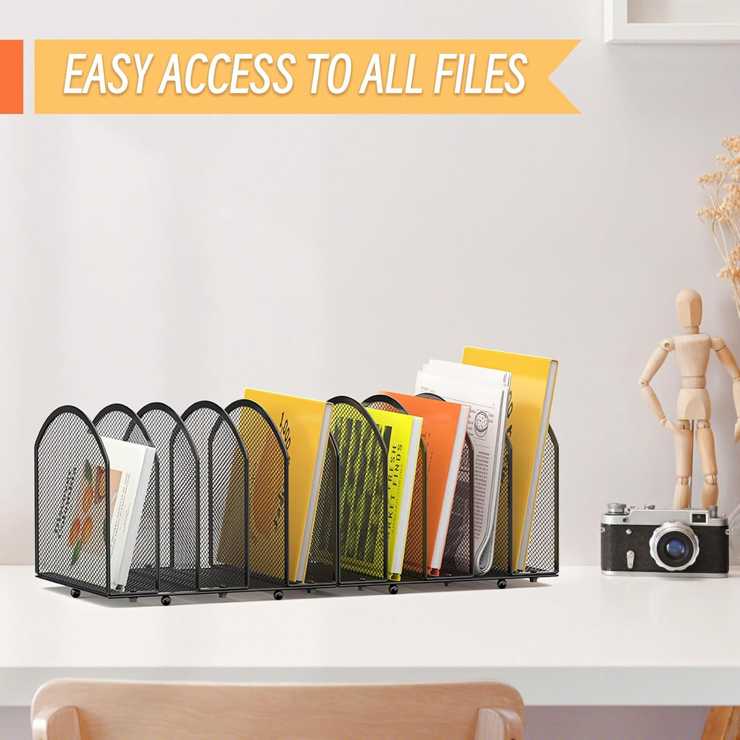 5 Section Metal Mesh Desk File Organizer Vertical Folder Holder Black Office Rac