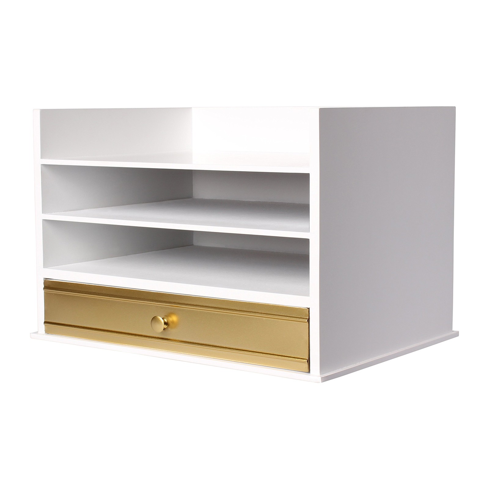 Industrious Desktop Wood Letter Tray with 3 Trays and Drawer, White and Gold