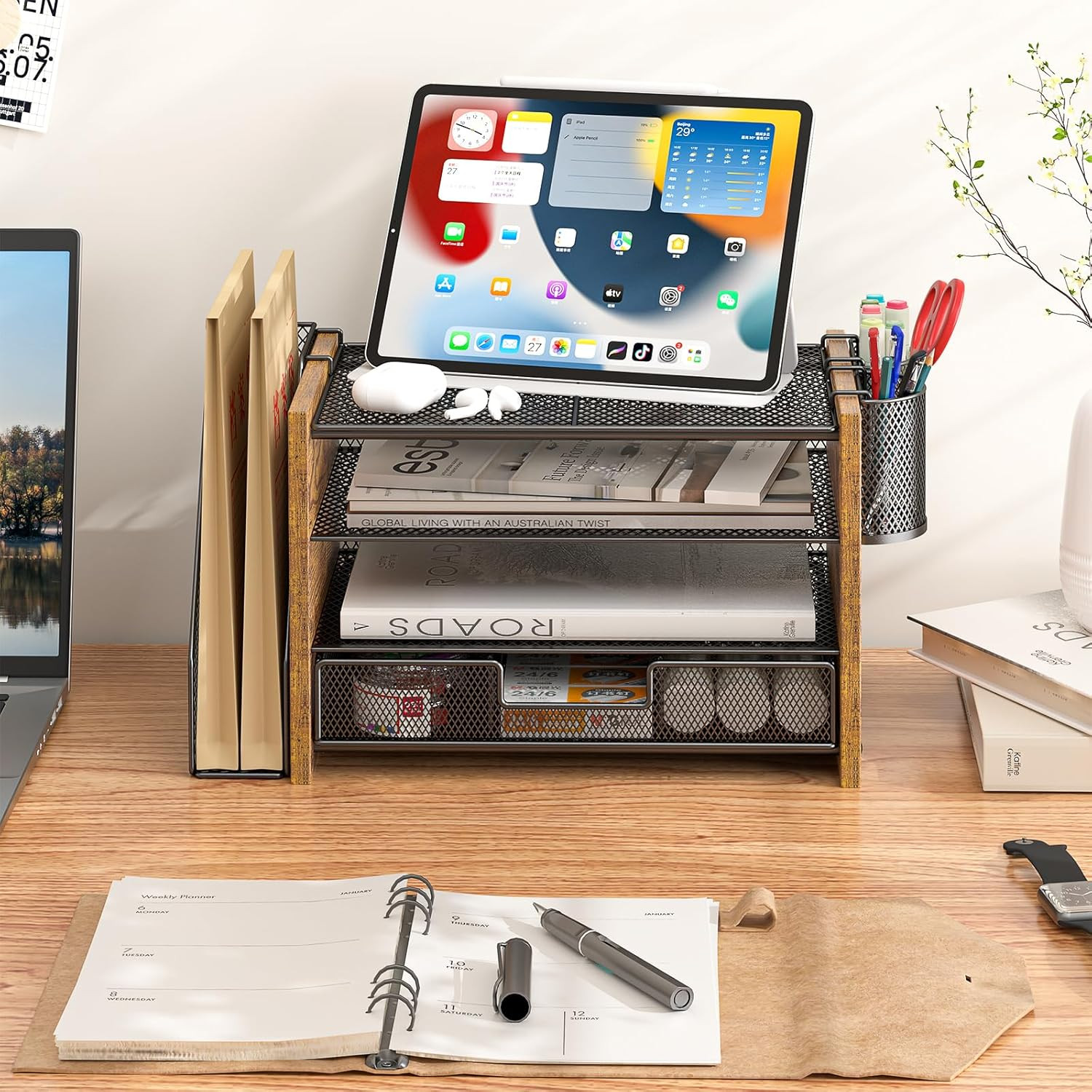 Wooden Desk Organizers Accessories File Holder 4-Tier Paper File Organizer Home