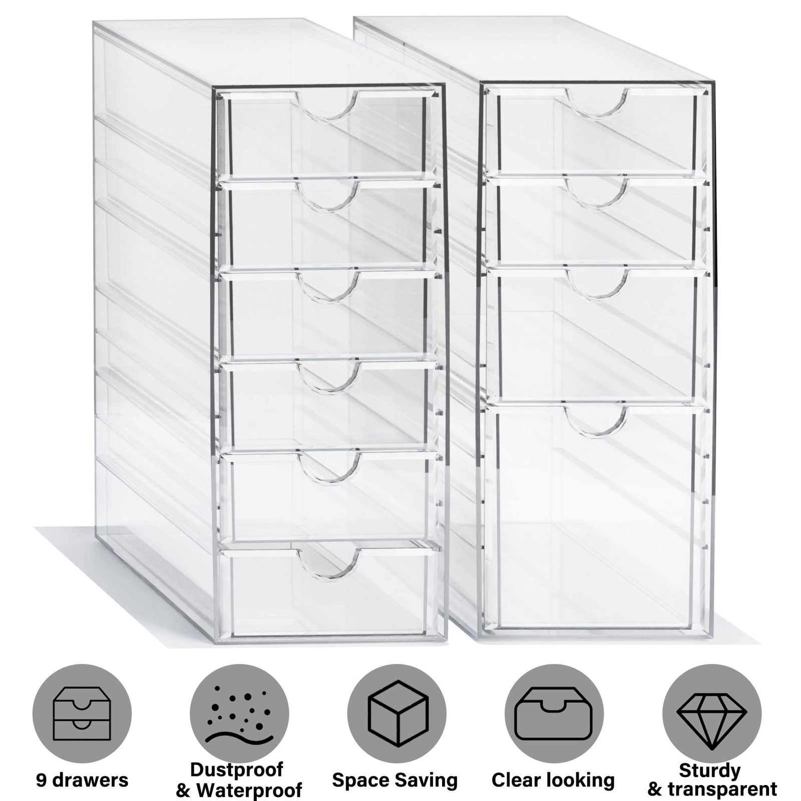 Prsildan Acrylic Drawer Makeup Organizer with 10 Drawers, Set of 2 Office Des…
