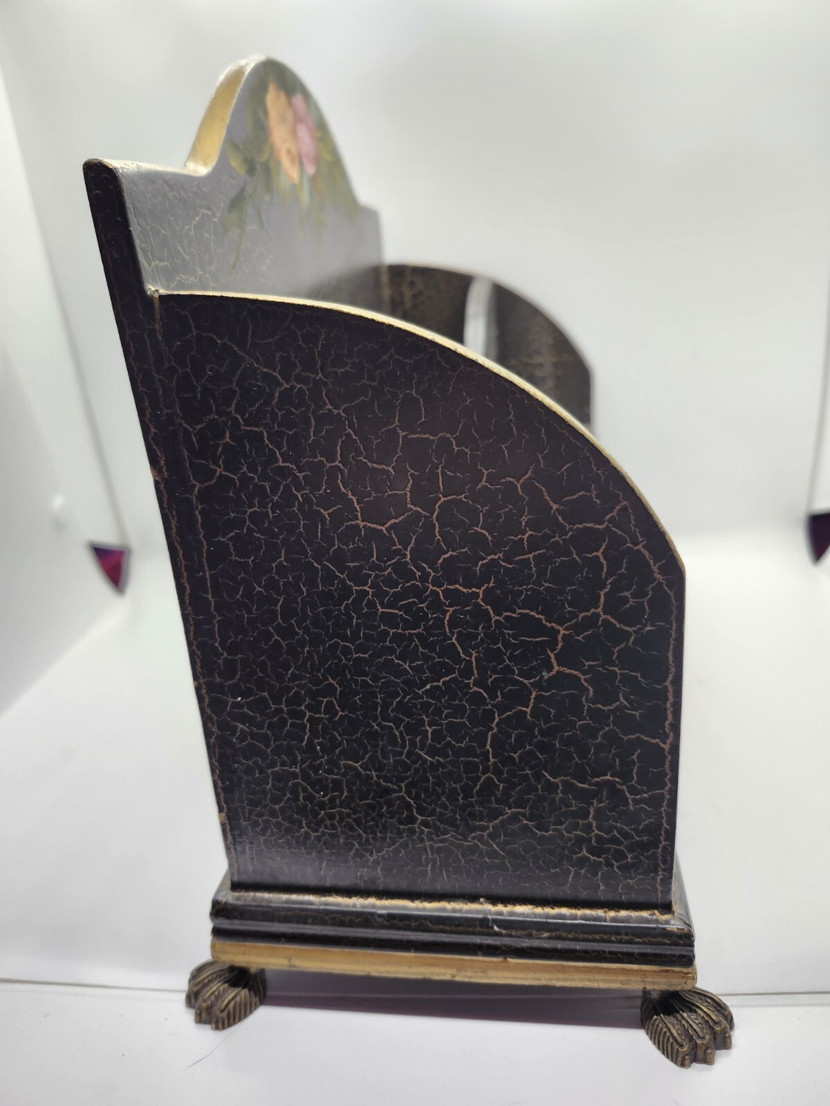 Handpainted Vintage Desk Organizer Rose Maling Wooden W/brass Feet