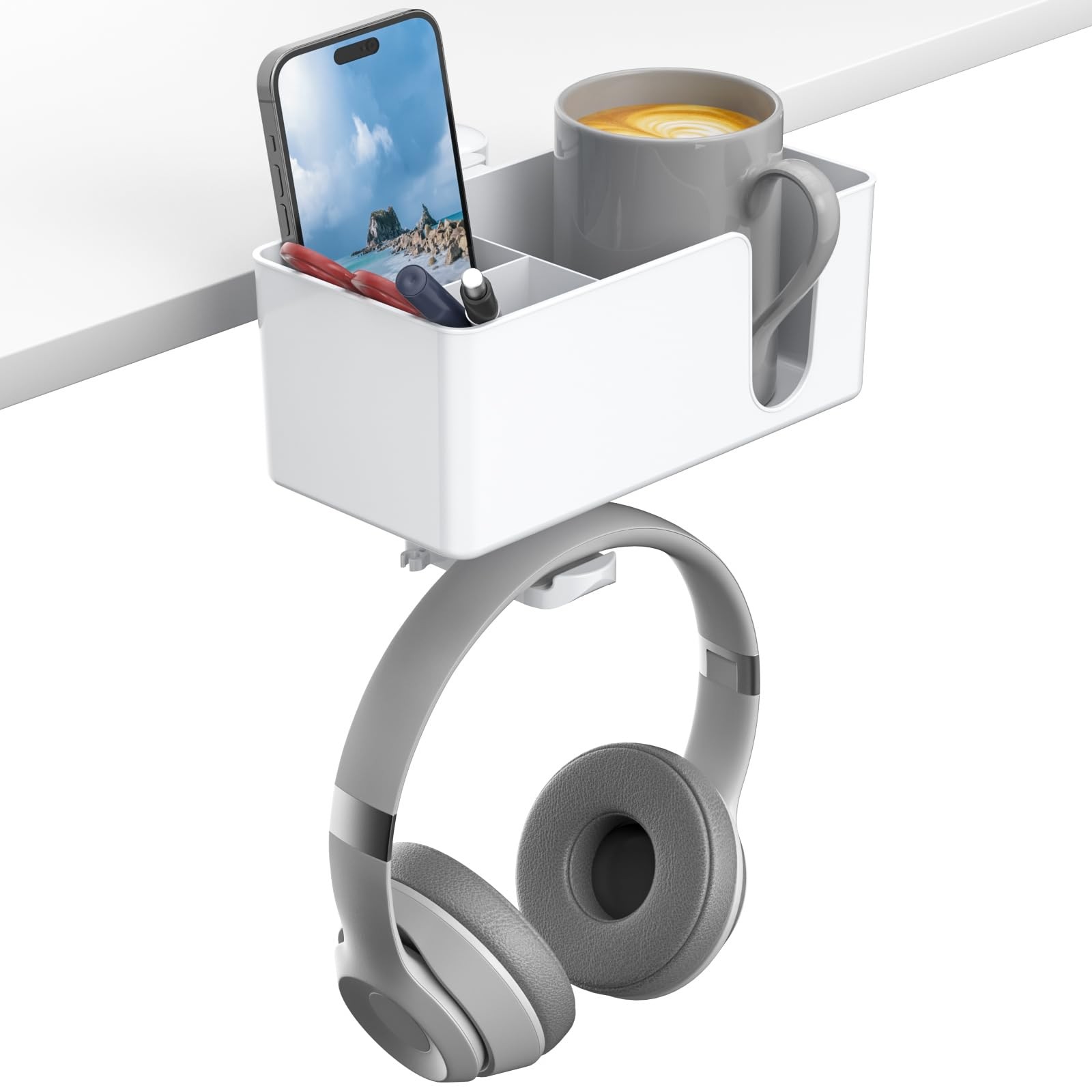 4 in 1 Desk Organizer – Clamp on Under Desk Headphone Hanger and Pen Cup Hold…
