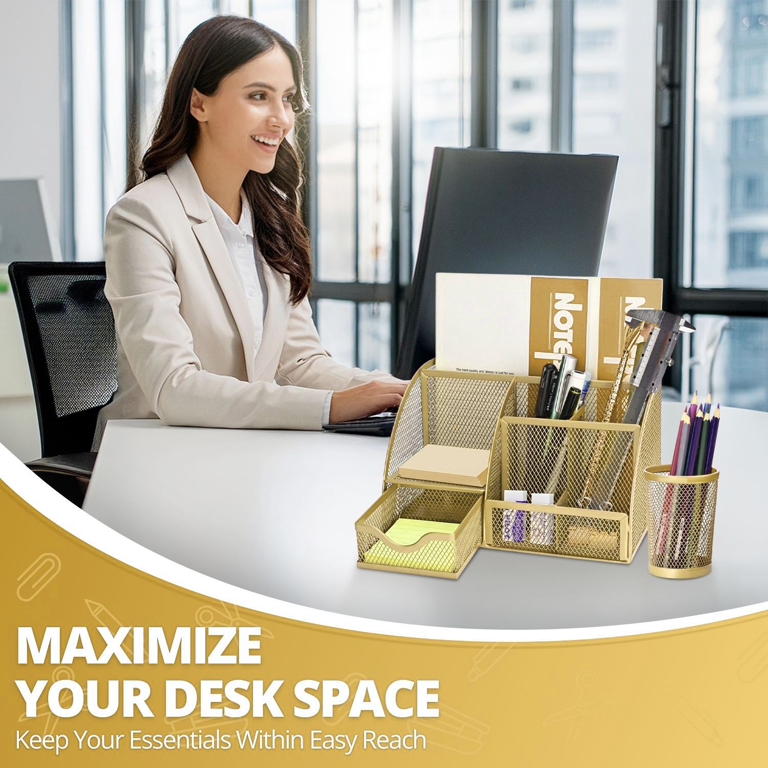 Desk Caddy Organizer Set (Rose Gold) – Metal Mesh Desktop Caddy w/ Pencil Holder