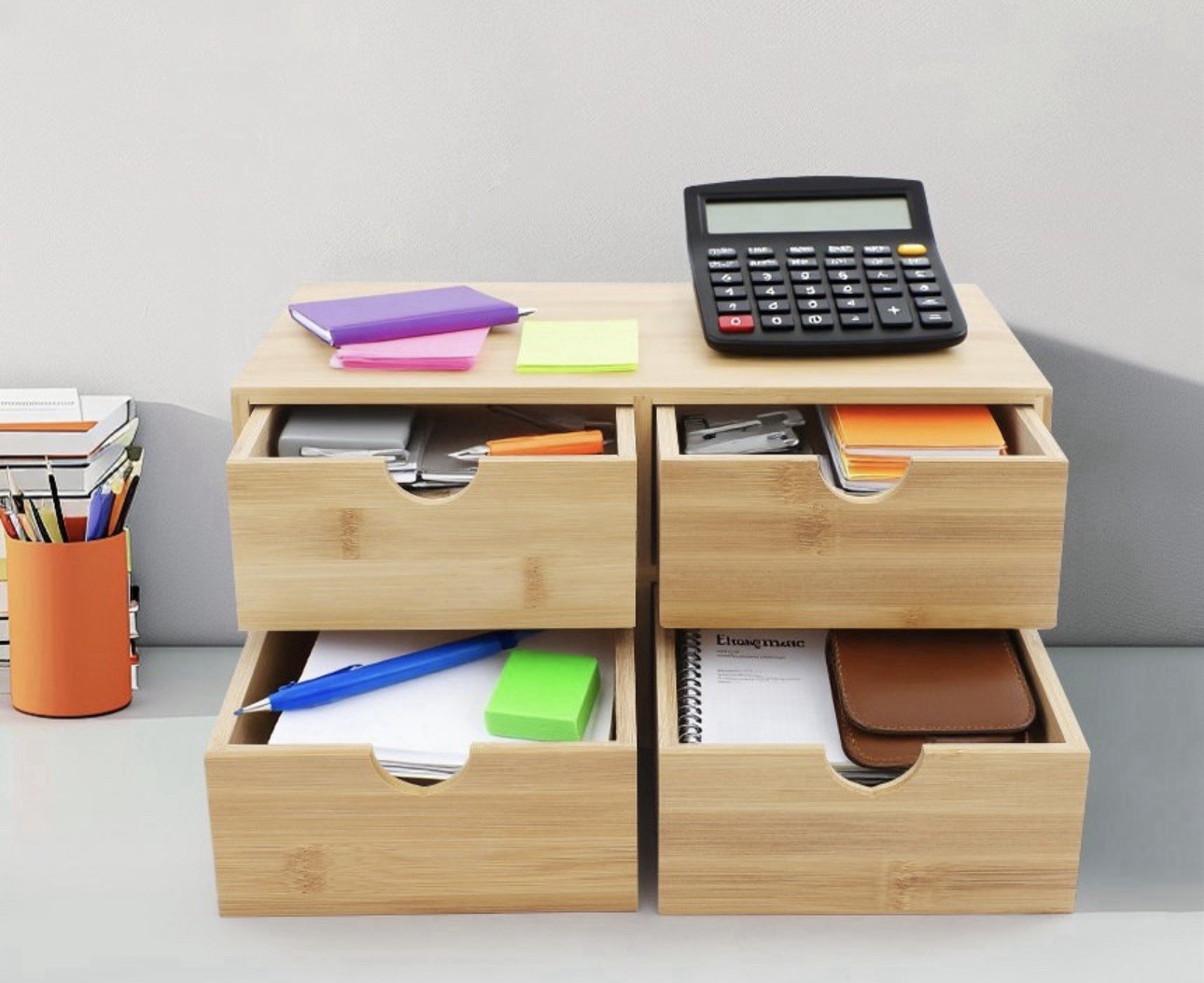 NEW Bamboo Desk Organizer 4 Drawers Tabletop Storage Box