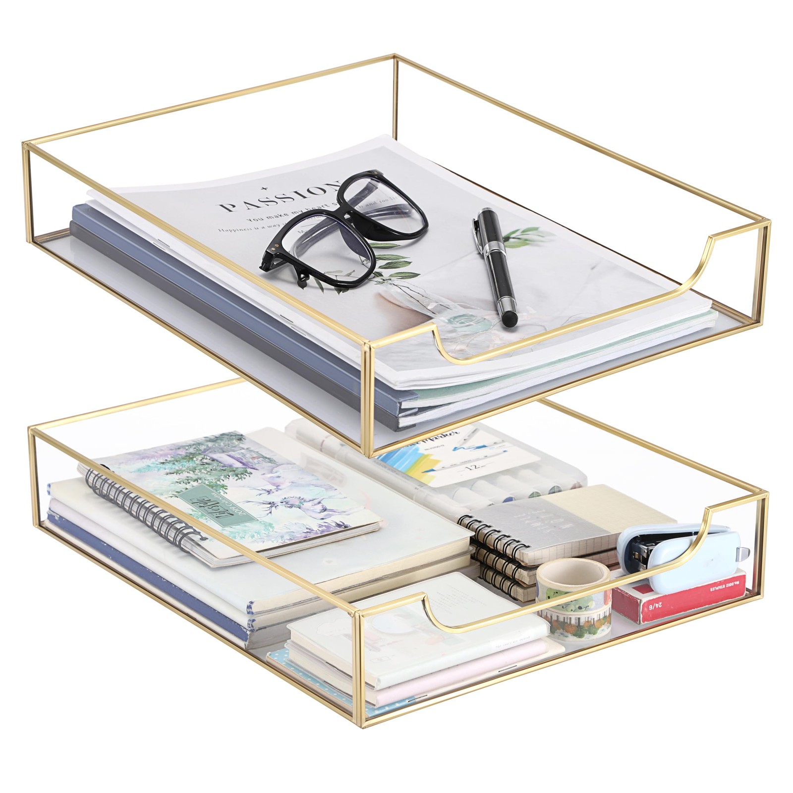 BTSKY 2 Pack Golden Glass Desk Tray, MultiPurpose Organizer for A4 Paper, Doc…