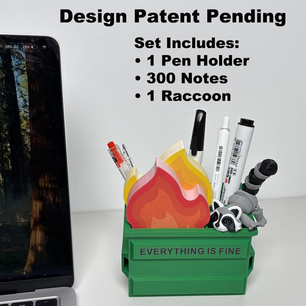Funny Garbage Can Fire Pen Holder 300 Sticky Notes Cute Desk Organizer Office