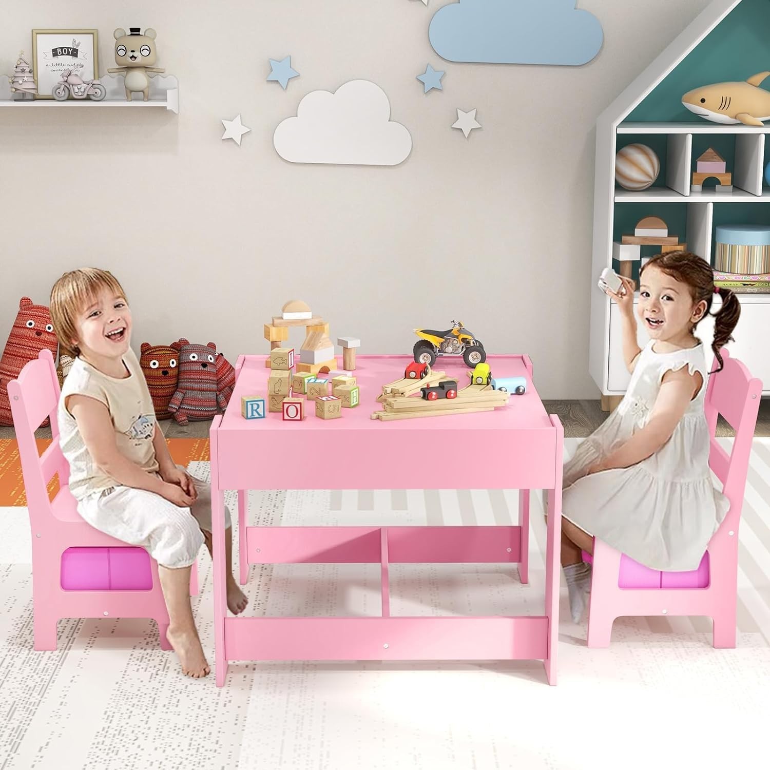 Kids Table and Chair, 3 in 1 Wooden Kids Table with Stora Der,
