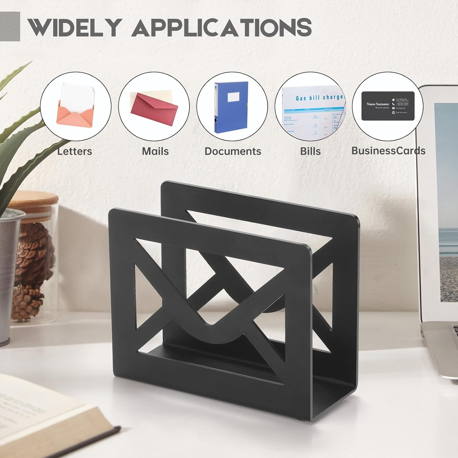 Desktop Metal Mail Holder,Modern Black Letter Organizer for Desk with Cutout Env