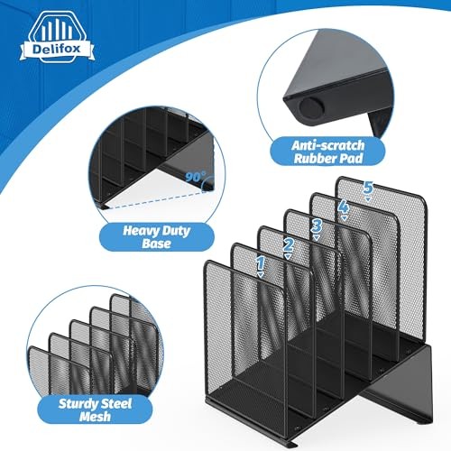 Inclined 5-Section Desk File Organizer, Vertical 9″ x 8.5″ x 11.8″, Black