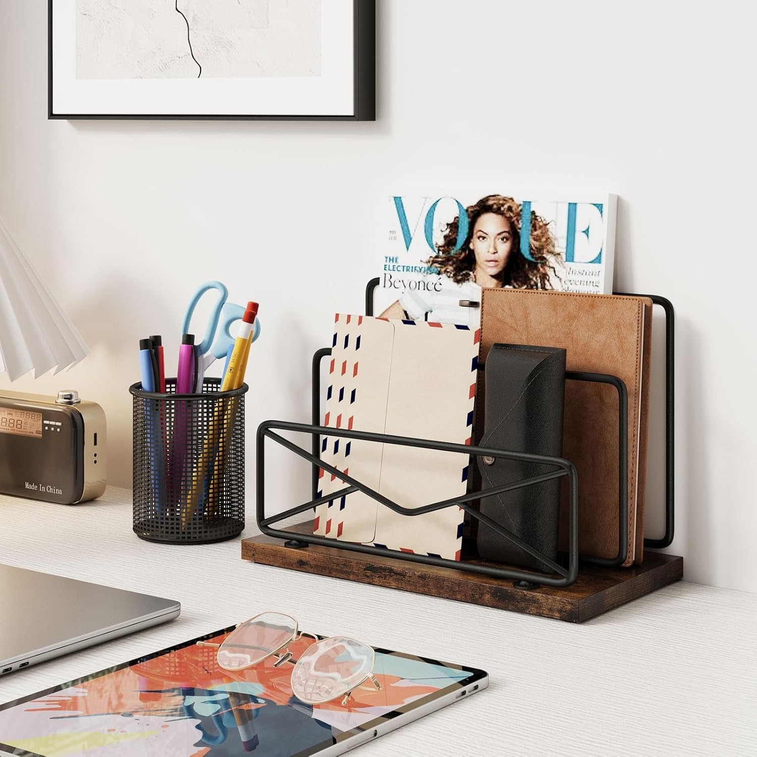 Desk Mail Organizer-with 2 Slot Matte Black Metal Desktop Sorter Storage File
