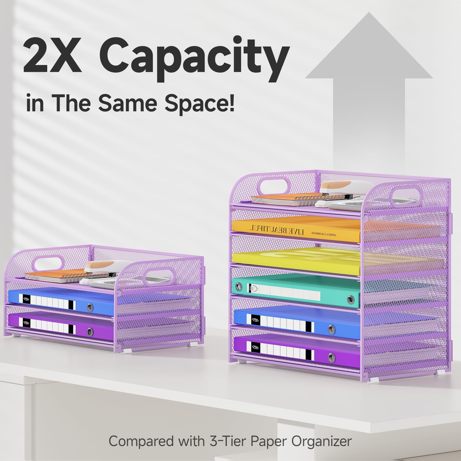 6 Tier Paper Organizer, Purple Letter Tray with Handle, Mesh Desk Organizer, …