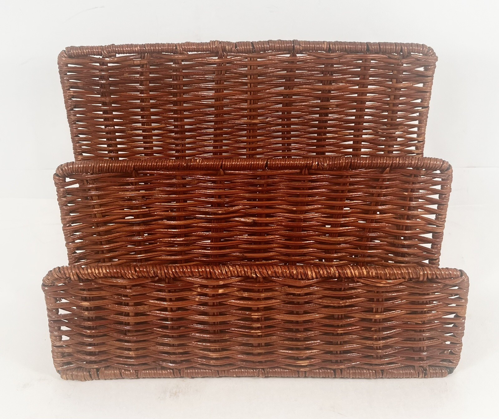 Vintage Woven Rattan Wicker 3 Compartment Letter Holder 7”x 9 1/4”