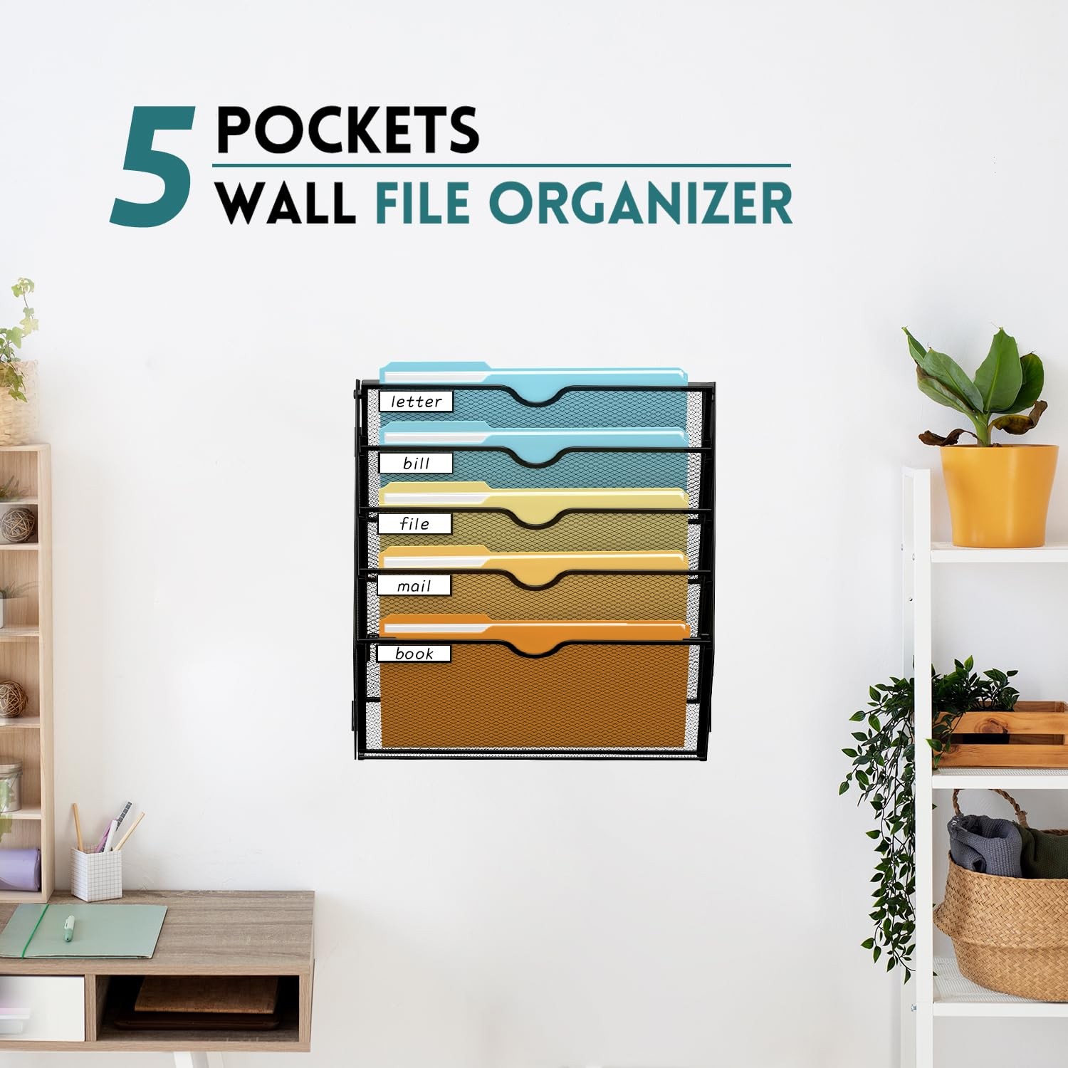 SUPEASY 5 Tier Wall File Organizer, Hanging Mounted Mail 5-Tier, Black