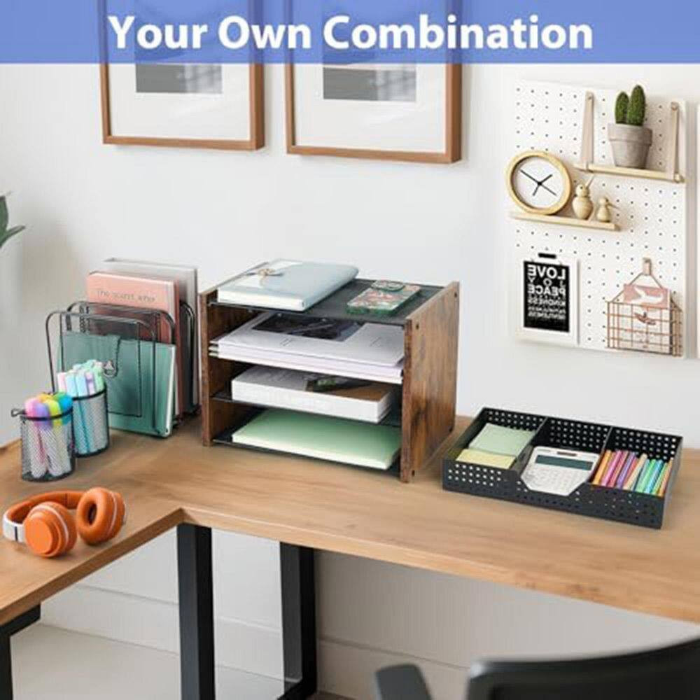 4-Tier Mesh Wood Desktop Organizer Shelf Vertical File Holder with Drawer and Pe