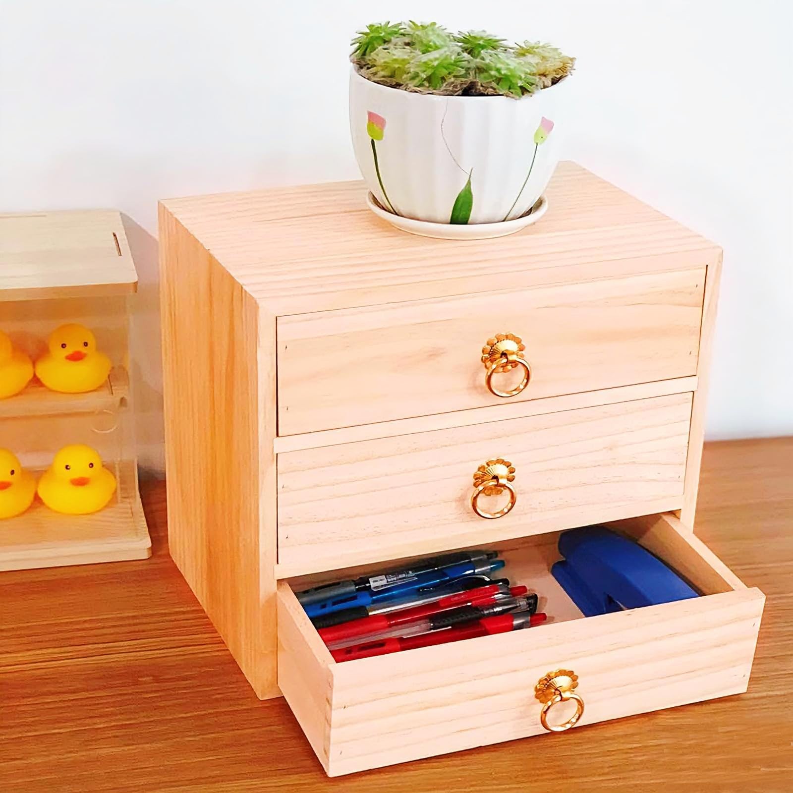 LONG TAO 3 Layer Natural Wooden Storage Box with Drawers Desk